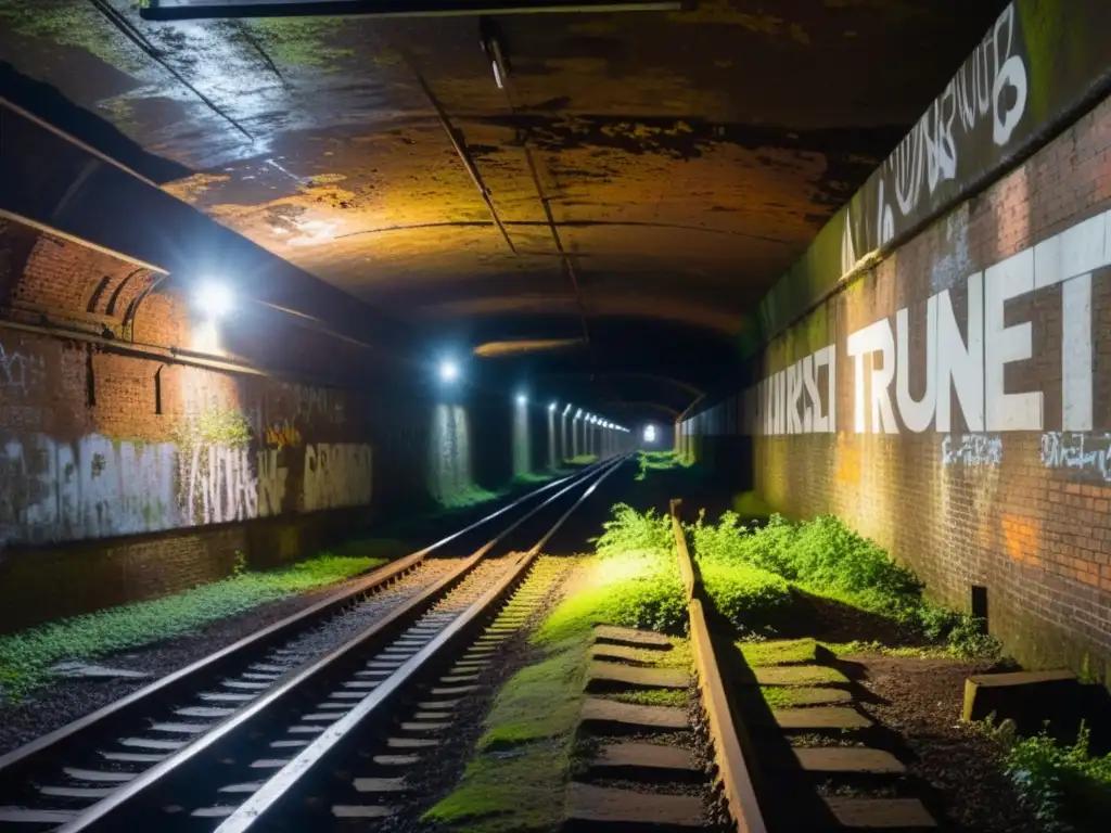 Un túnel subterráneo oscuro con vías de tren oxidadas que desaparecen en la oscuridad, iluminado por rayos de luz