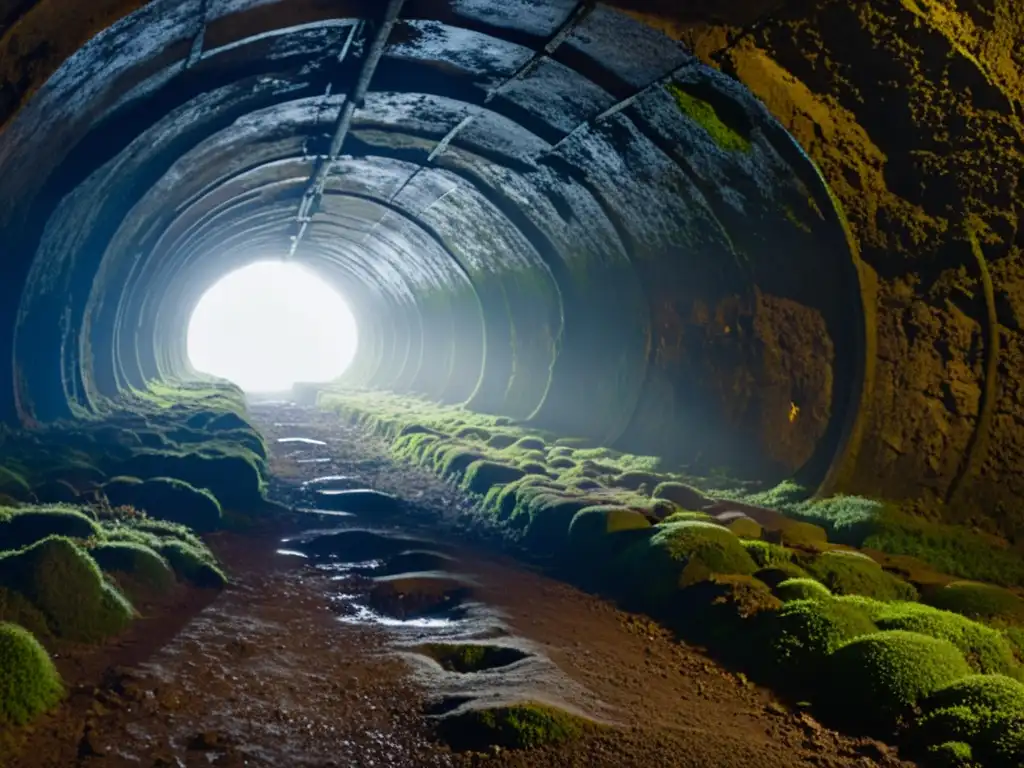 Un túnel subterráneo con paredes desgastadas cubiertas de musgo y líquenes, iluminado por rayos de luz solar