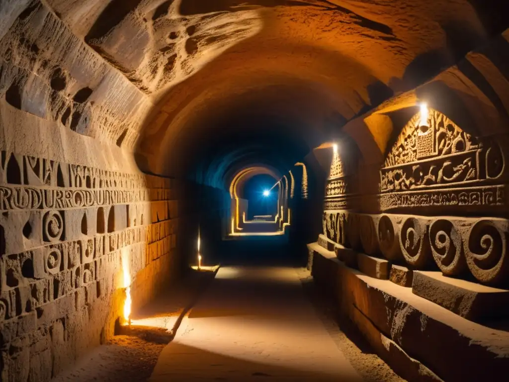 Un túnel subterráneo con paredes de piedra áspera e iluminado por antorchas, revelando un encanto psicológico en túneles históricos subterráneos