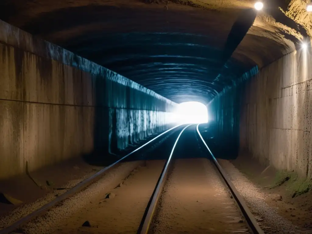 Un túnel subterráneo con paredes rugosas y techo bajo, envuelto en misterio