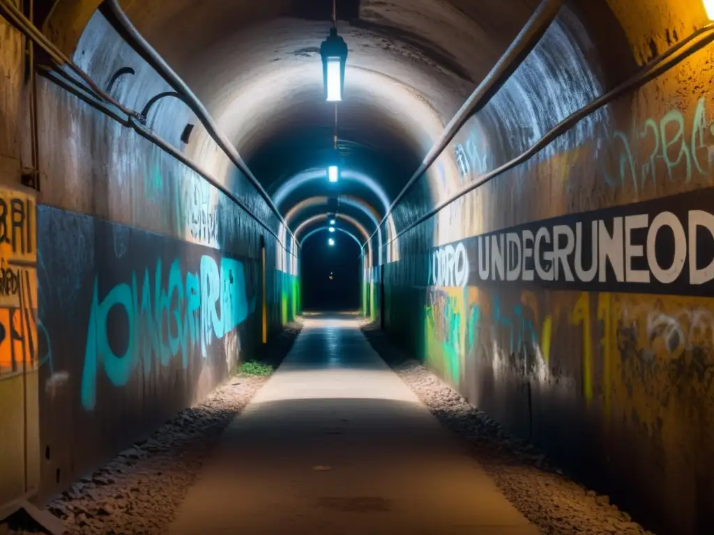 Un túnel subterráneo con pasadizos estrechos y paredes adornadas con graffiti