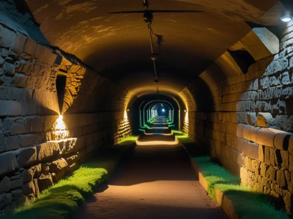 Un túnel subterráneo de piedra áspera y antigua, iluminado por una luz titilante, evoca intriga y secretos de túneles políticos historia cambio