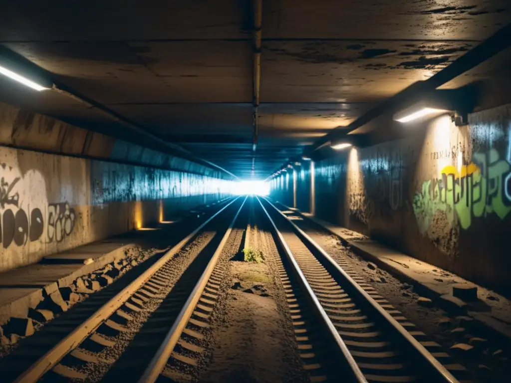 Un túnel subterráneo realista en un videojuego de guerra, con escombros, graffiti y tensión en la atmósfera