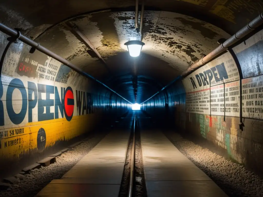 Un túnel subterráneo de la Segunda Guerra Mundial con grafitis y carteles propagandísticos desvanecidos, iluminado dramáticamente