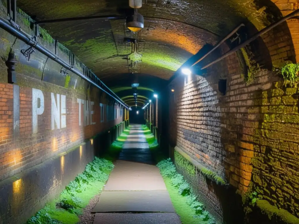 Un túnel subterráneo en Londres, con techos abovedados de ladrillo, muros húmedos cubiertos de musgo y telarañas