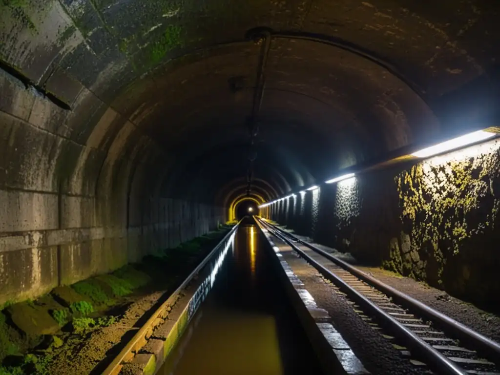 Un túnel subterráneo con iluminación tenue, paredes de piedra y detalles de la Segunda Guerra