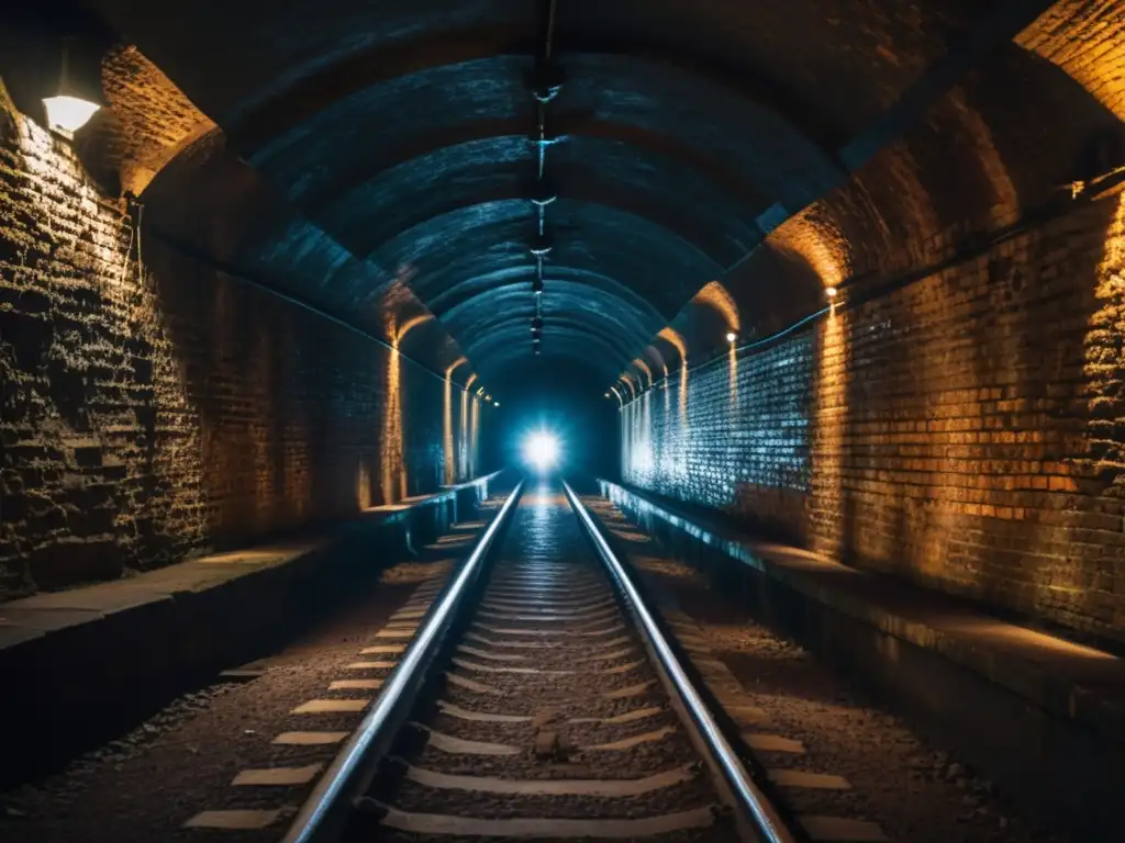 Un túnel subterráneo con vías de ferrocarril, iluminado por una tenue linterna