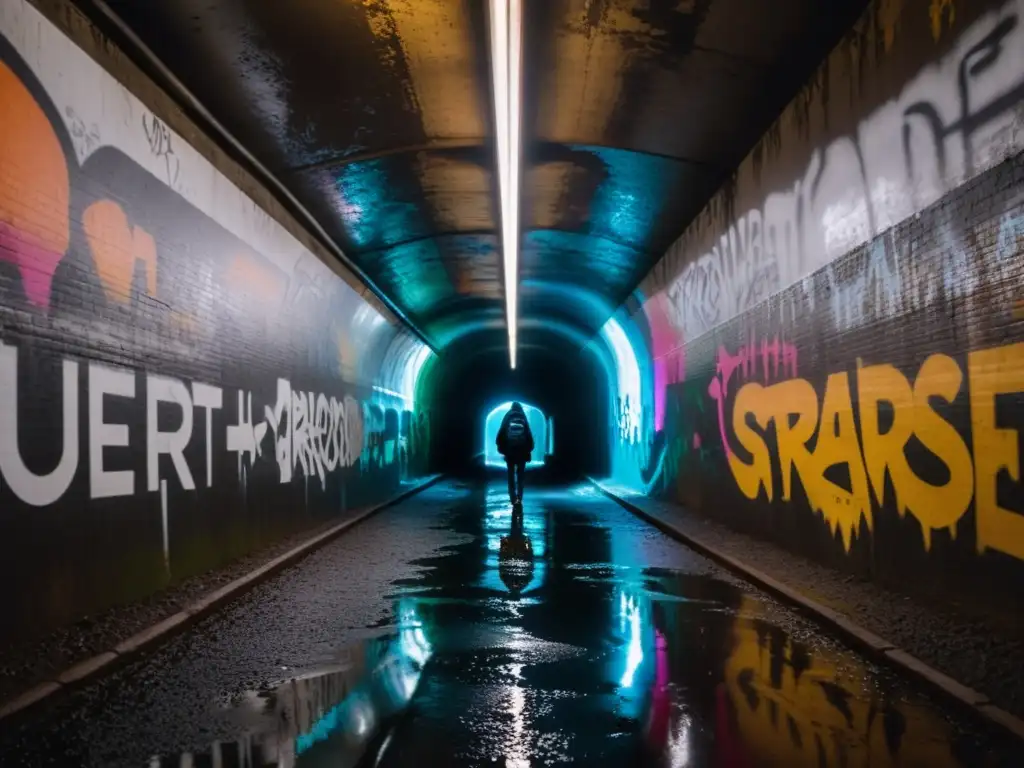 Un túnel tenebroso y estrecho, cubierto de graffiti y humedad