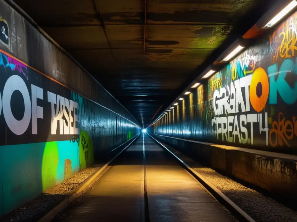 Una fotografía de alta resolución de un túnel urbano con paredes graffiteadas, iluminado con luz tenue