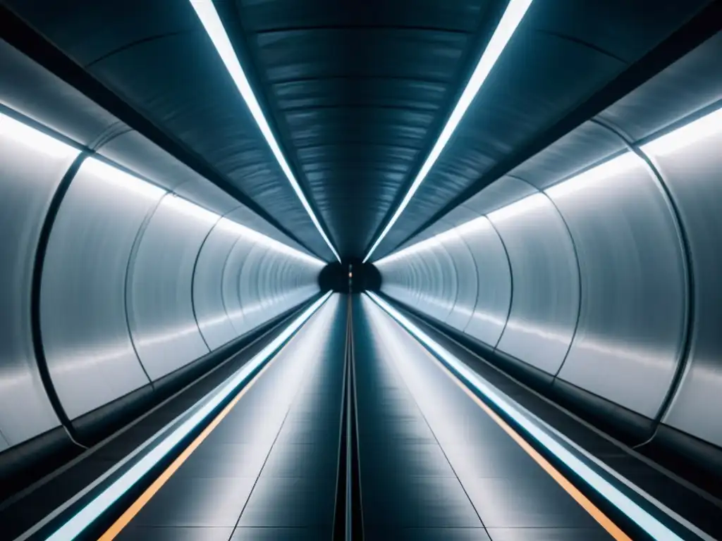 Un túnel urbano subterráneo con arquitectura moderna, iluminación tenue y tecnología de reducción de ruido