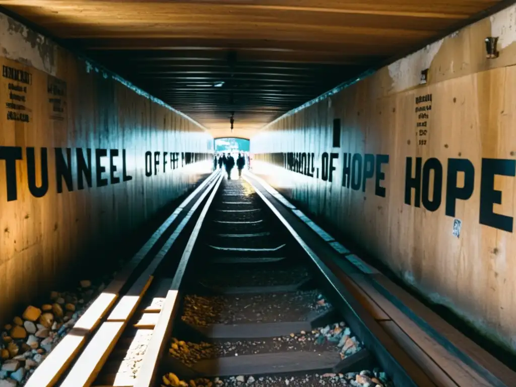 Túnel de la Vida Sarajevo: Fotografía en blanco y negro del sombrío pasaje subterráneo lleno de personas y suministros durante el asedio, mostrando la atmósfera de resiliencia y solidaridad