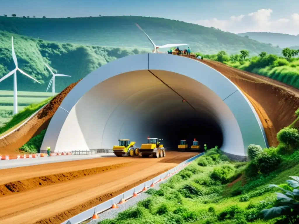 Ingeniería de túneles y protección ambiental: Excavación de túnel con ingenieros supervisando, rodeado de vegetación y energía sostenible