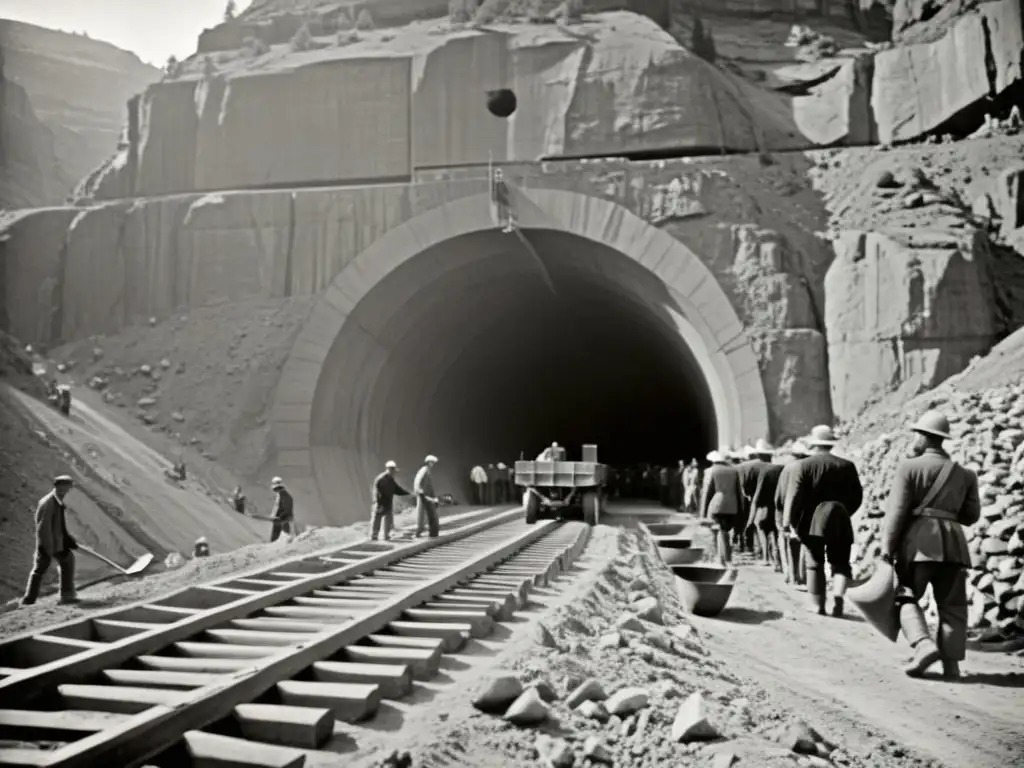 Ingeniería de túneles y protección ambiental: Ingenieros del siglo XX construyendo un túnel entre imponentes formaciones rocosas con picos y palas