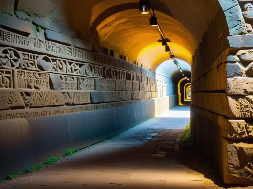 Una fotografía de túneles antiguos iluminados por cálida luz dorada, resaltando símbolos y carvings antiguos