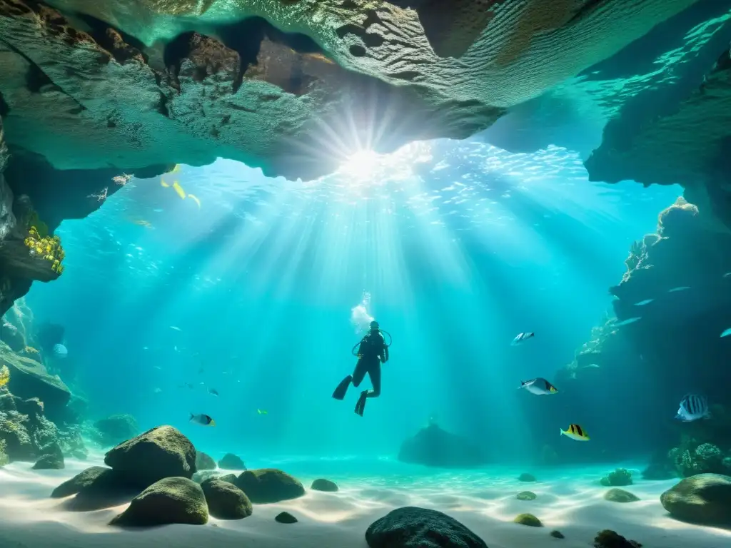 Maravilloso sistema de cuevas submarinas con aguas turquesas cristalinas Explora los túneles de la Atlántida historia en un paisaje submarino místico y lleno de vida, con aguas cristalinas y peces coloridos