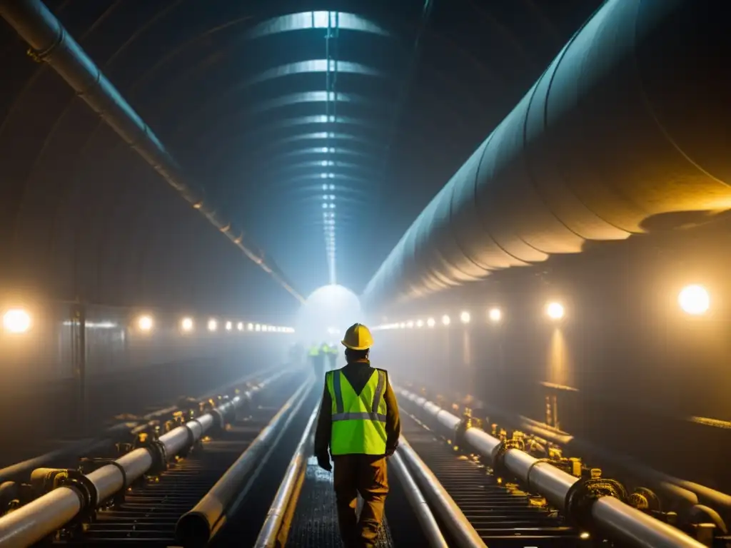 Ingeniería en túneles de baja ventilación: Ingenieros exploran un túnel oscuro con complejos sistemas de ventilación y misteriosa atmósfera