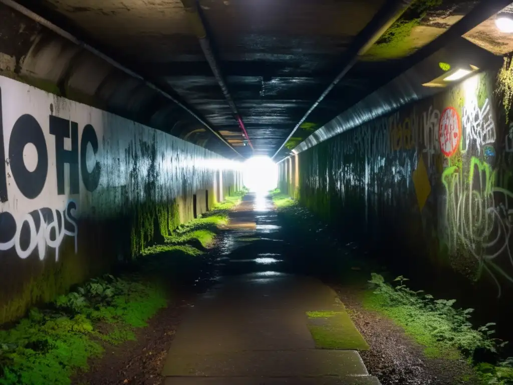 Túneles de cine fantástico: Un túnel subterráneo sombrío, con paredes rugosas cubiertas de graffiti y musgo