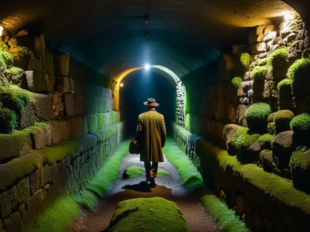 Explorando túneles Cosa Nostra Sicilia: un pasadizo subterráneo con muros de piedra cubiertos de musgo y sombras misteriosas, con una débil luz al fondo