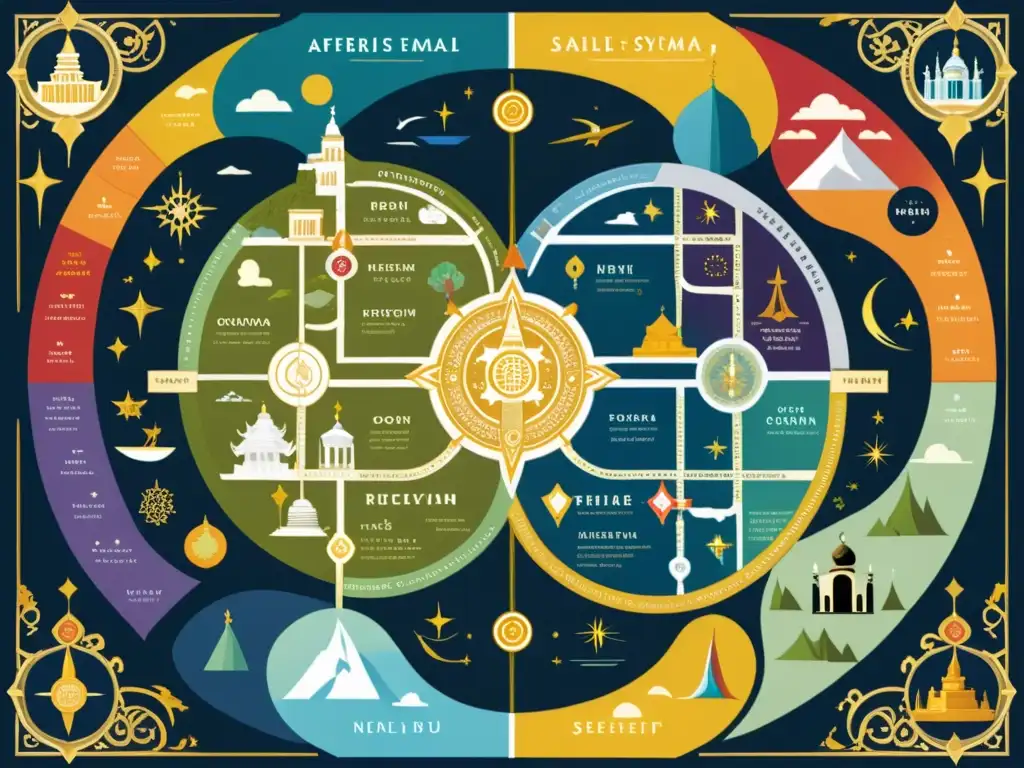 Navegando por túneles de creencias sobre la vida después de la muerte en un intrincado y vibrante mapa, con símbolos y detalles asombrosos