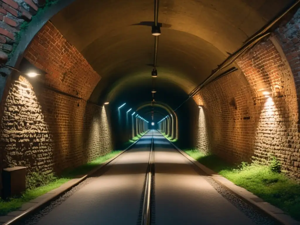 Túneles de escape en Alemania dividida: Imagen documental de un túnel histórico, iluminado tenue y atmosférico, evocando la intriga de la Guerra Fría