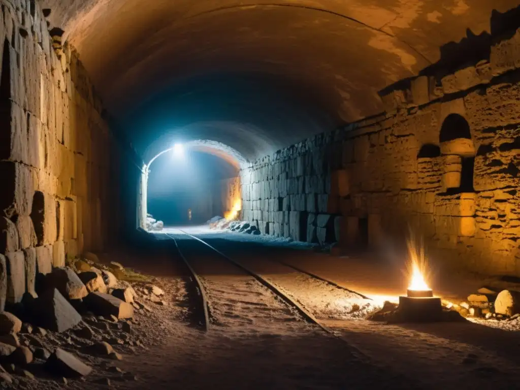 Túneles de escape en Jerusalén: un pasadizo subterráneo iluminado por antorchas, lleno de escombros y ruinas antiguas, evocando misterio e historia