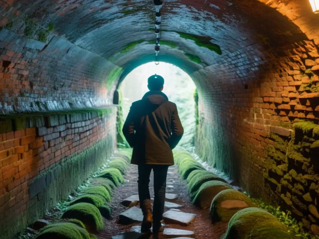 Explorando los túneles del ferrocarril subterráneo en un ambiente histórico y misterioso con la luz de una linterna iluminando el camino