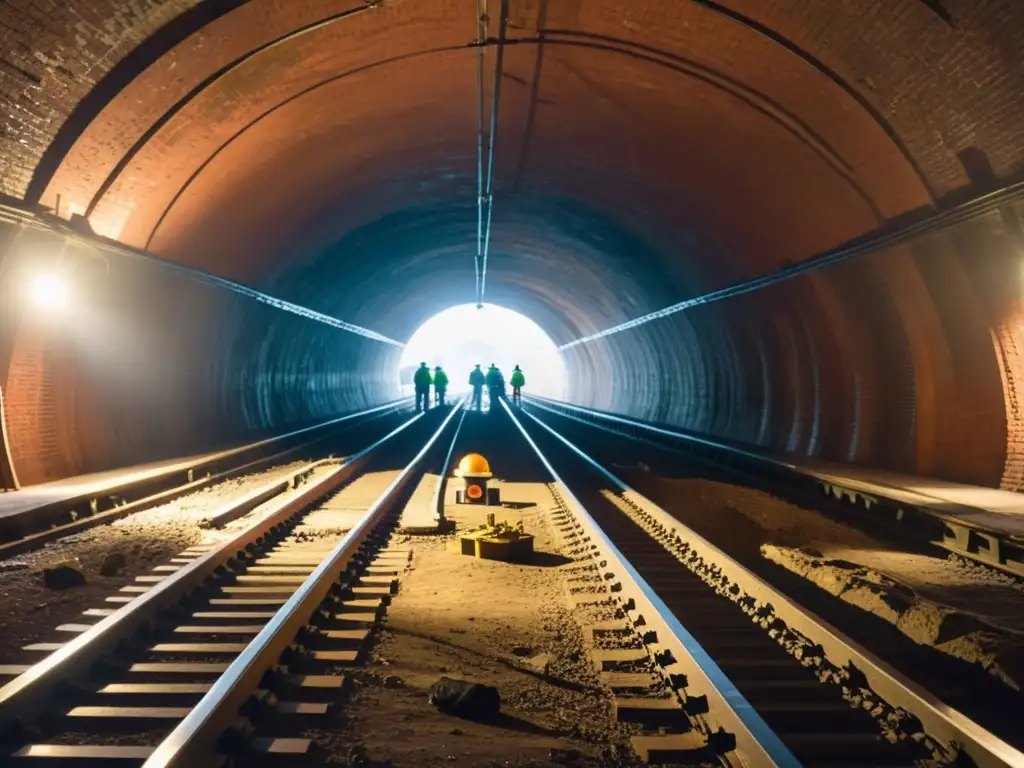 Restauración túneles ferroviarios históricos: Trabajadores restaurando un túnel histórico, con iluminación tenue y detalles arquitectónicos