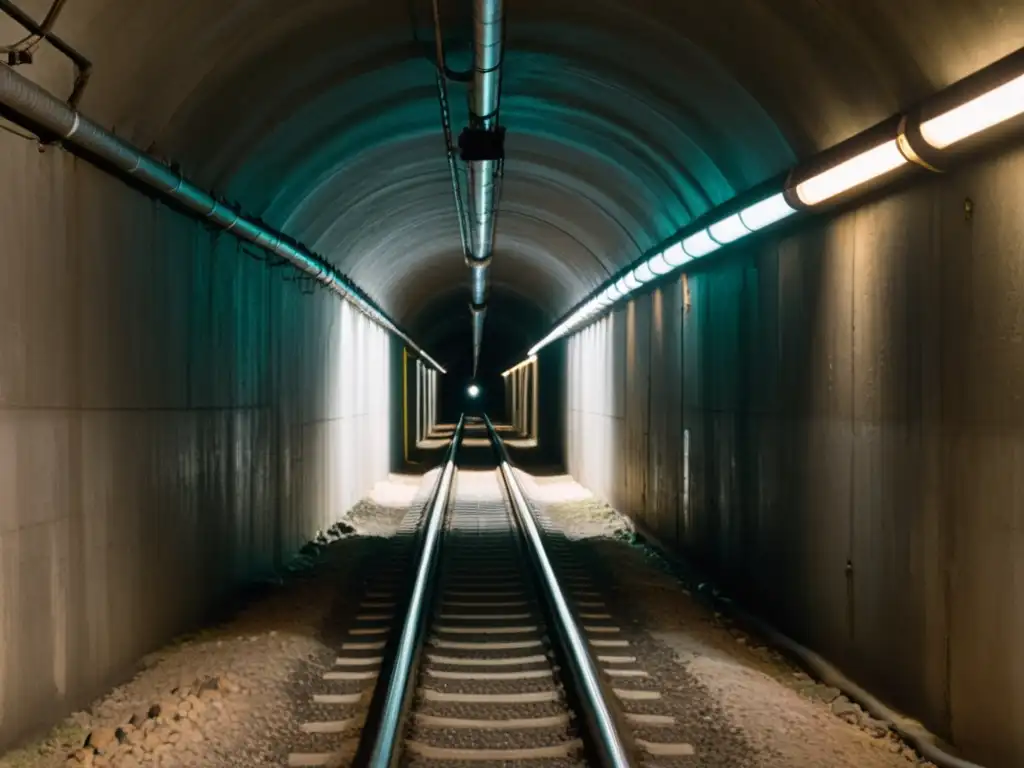 Túneles espía Guerra Fría: Un túnel estrecho y sombrío se adentra en la distancia, iluminado por tenues luces y repleto de secretos de la historia