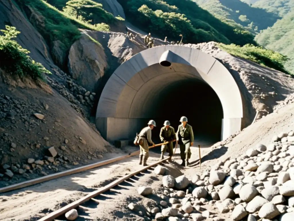 Ingeniería de túneles de la Guerra de Corea: Ingenieros en uniforme militar cavando un túnel en la montaña con picos y palas