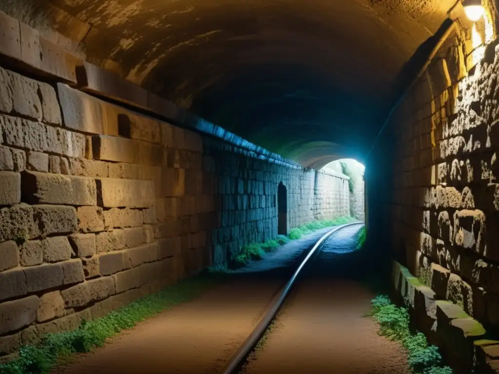 Inversión en túneles históricos: Un antiguo túnel iluminado débilmente, con paredes de piedra desgastada y una tenue luz al final, evocando misterio e historia