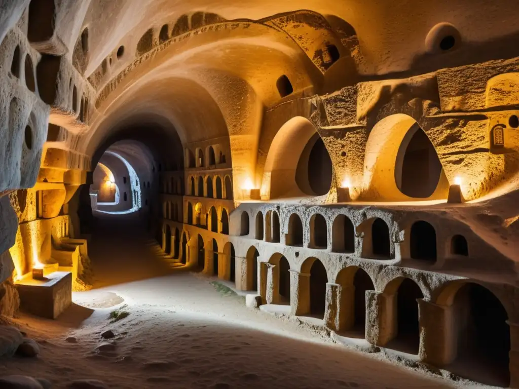 Explora túneles históricos en Derinkuyu, Cappadocia, con esta guía visual de pasadizos y cámaras iluminados por antorchas