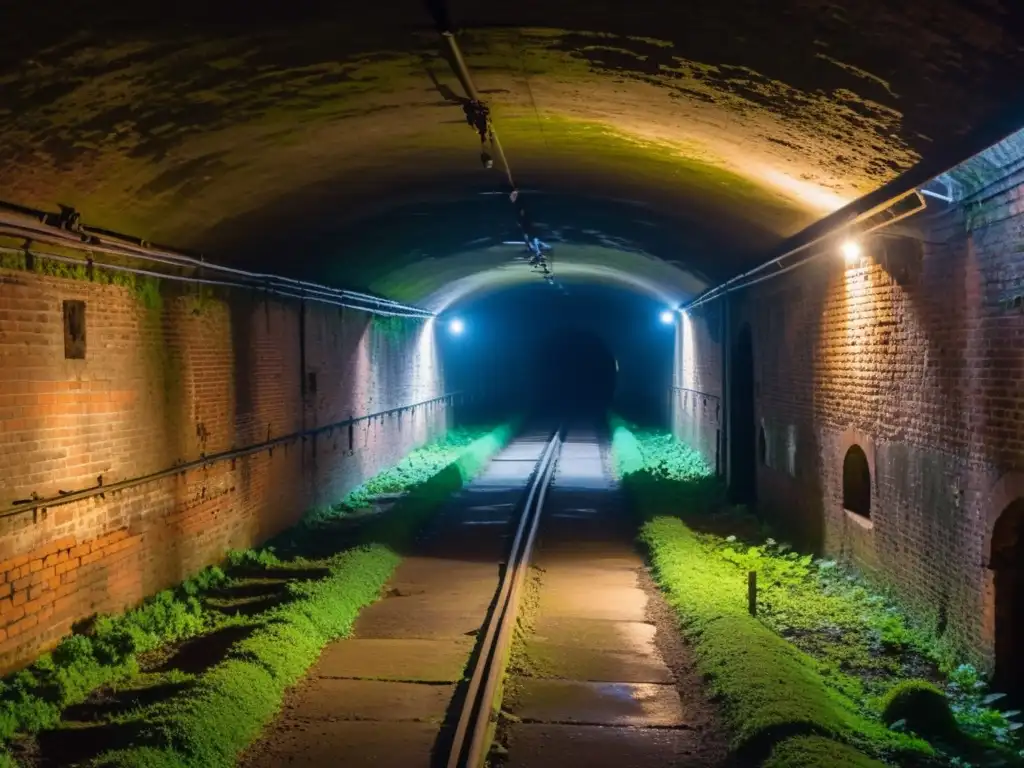 Explora la preservación de túneles históricos de la Guerra Fría en un pasadizo subterráneo misterioso y evocador con detalles de maquinaria antigua y musgo en las paredes