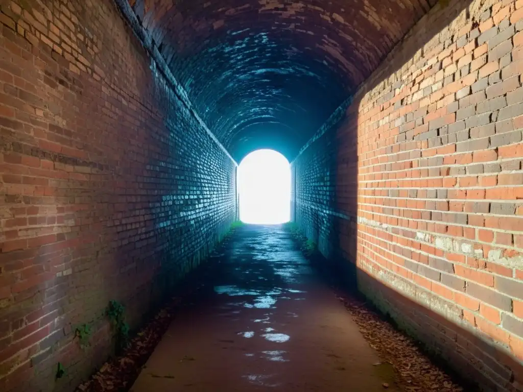 Fotografía de túneles históricos: Imagen en blanco y negro de un túnel histórico con dramática luz, sombras y textura de ladrillo envejecido