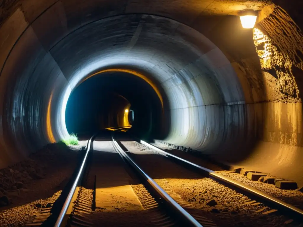 Inversión en túneles históricos: Imagen de un túnel subterráneo histórico con iluminación dramática, resaltando la arquitectura y restos de infraestructura antigua, evocando misterio y aventura