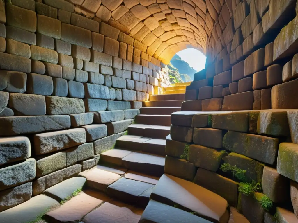 Explora túneles históricos del imperio andino, con piedra tallada y muros curvos iluminados por la luz y sombra