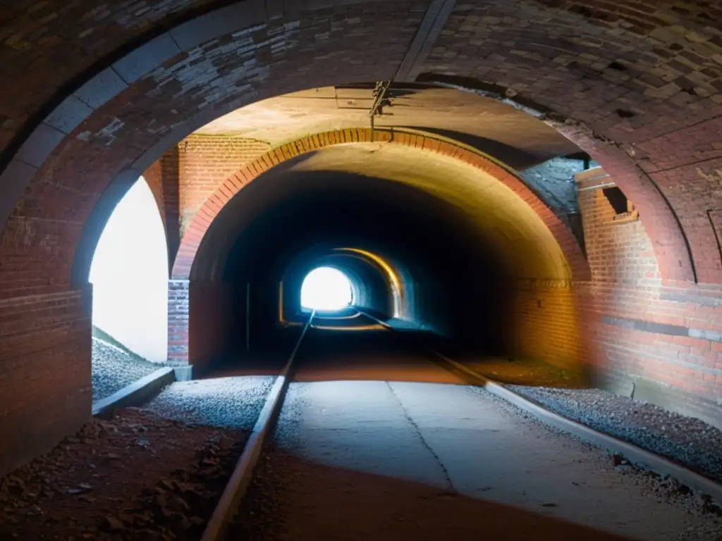 Inversión en túneles históricos: Intrigante pasaje subterráneo abandonado, iluminado por haces de luz que realzan su misteriosa belleza