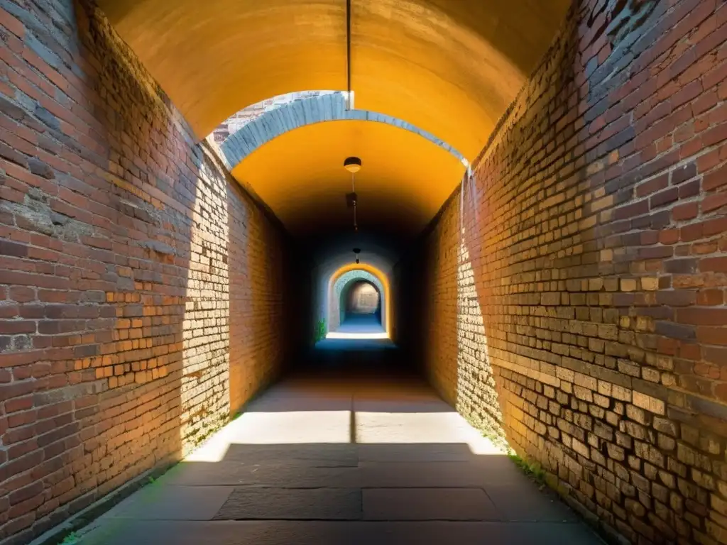 Fotografía en túneles históricos: luz dorada ilumina pasajes antiguos, creando un ambiente misterioso y evocador