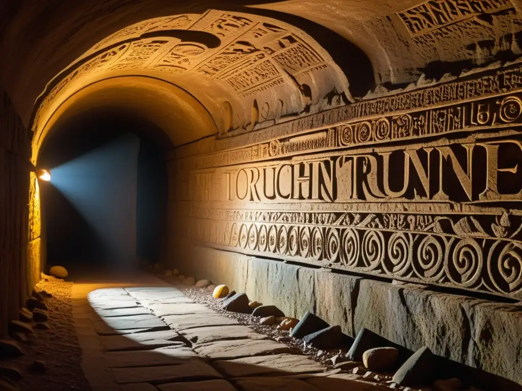 Descubre el misterio de un antiguo túnel subterráneo Explora túneles históricos, maravillas subterráneas con antiguos símbolos tallados en las paredes iluminadas por la luz de antorchas