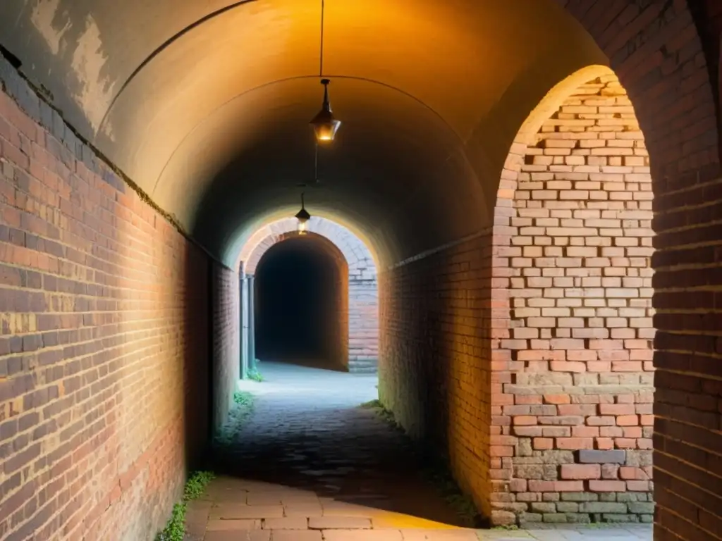 Fotografía en túneles históricos: Misteriosa luz dorada ilumina el antiguo túnel de ladrillo, creando una atmósfera etérea y misteriosa