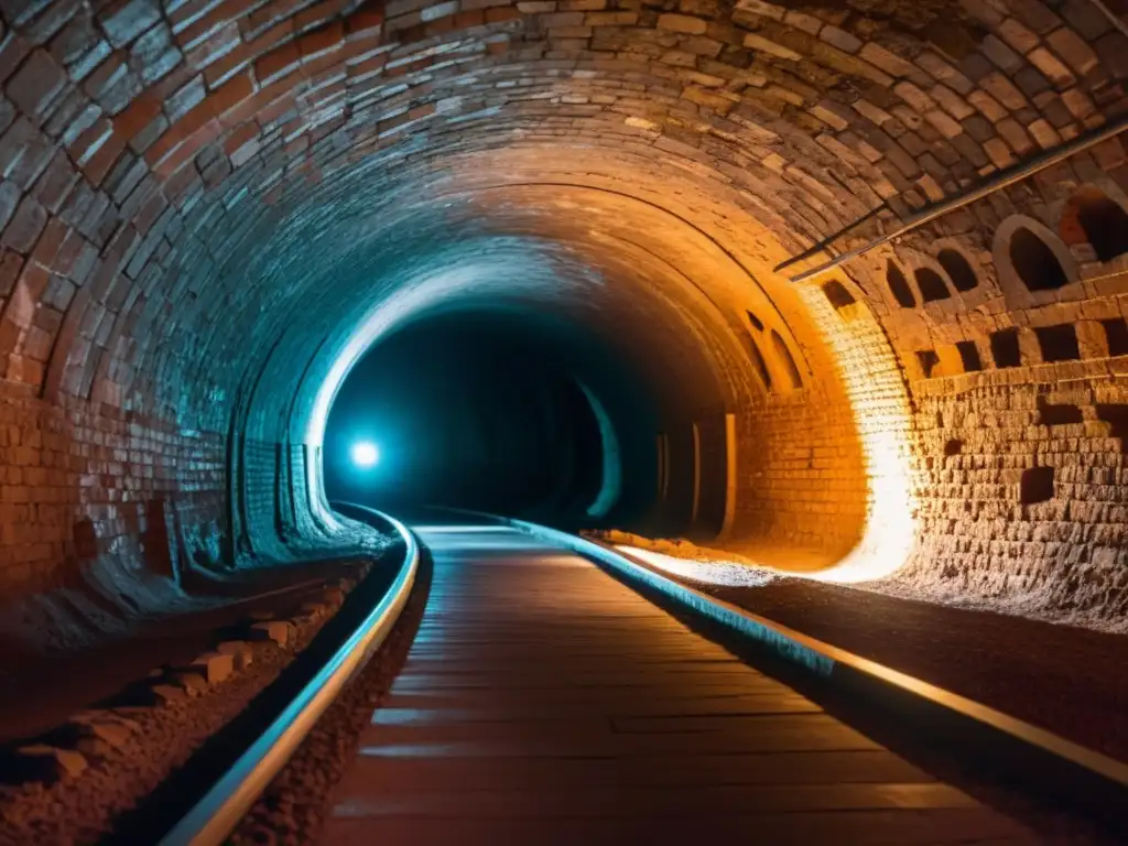 Fotografía infrarroja en túneles históricos: un misterioso mundo subterráneo de ladrillo y piedra iluminado por luces infrarrojas