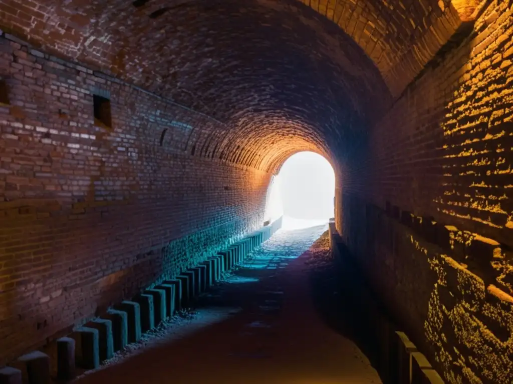 Fotografía infrarroja en túneles históricos: un misterioso pasadizo subterráneo iluminado débilmente revela texturas ocultas con un brillo etéreo