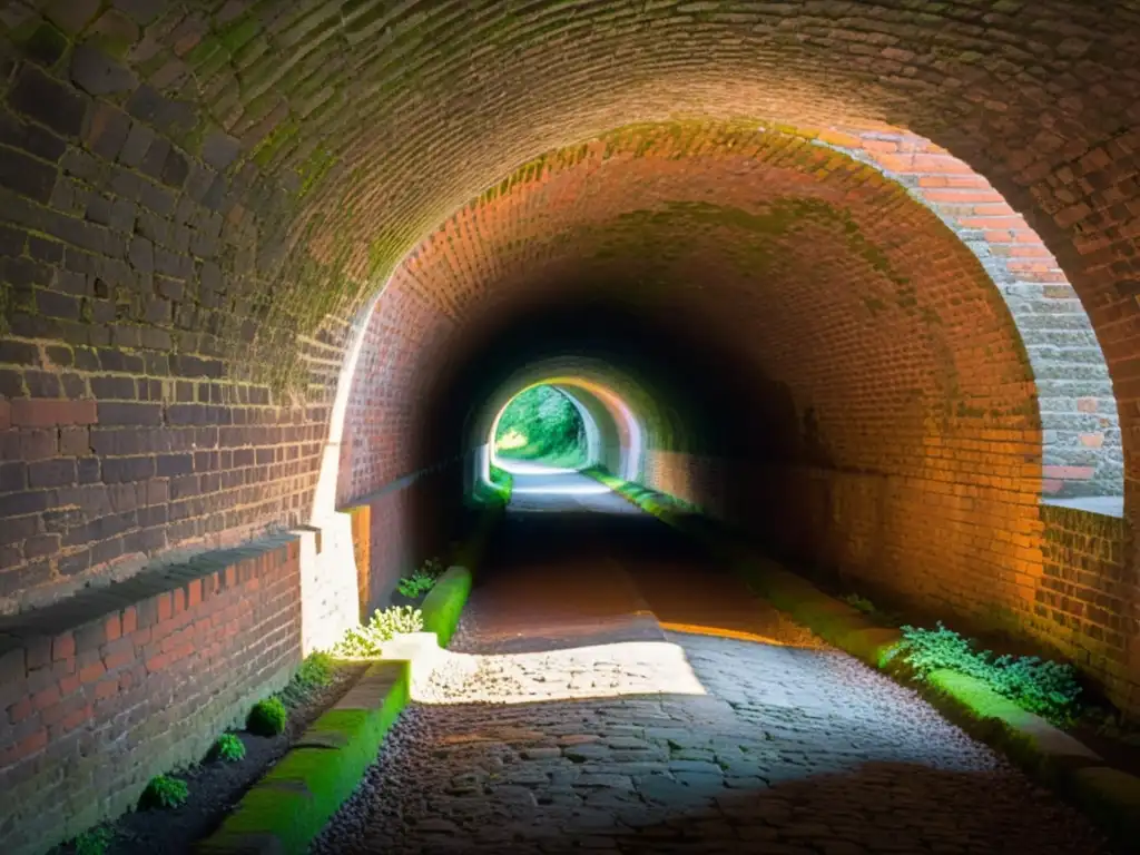 Fotografía de túneles históricos en penumbra, con ladrillos envejecidos y paredes cubiertas de musgo, iluminados por luz cálida y ambiental