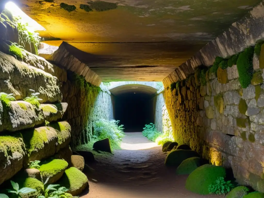 Explora túneles históricos subterráneos iluminados por cálida luz dorada, con paredes de piedra cubiertas de musgo