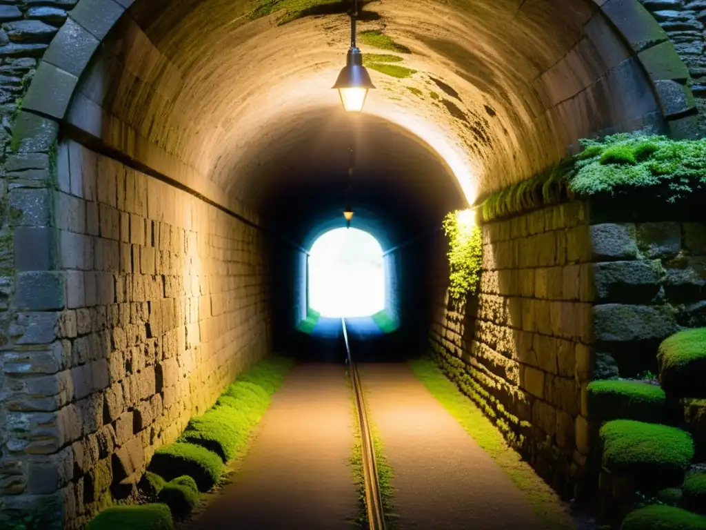 Una fotografía en túneles históricos técnicas: antiguo túnel iluminado por tenues luces, misteriosa atmósfera de historia y misterio