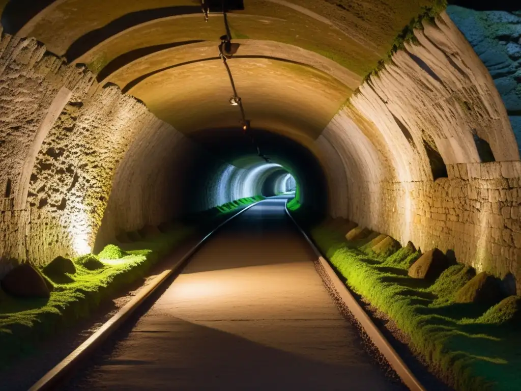 Fotografía en túneles históricos técnicas: Intrigante túnel subterráneo iluminado por luz cálida, revelando texturas y detalles arquitectónicos