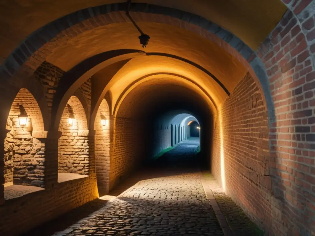 Inversión en túneles históricos: un túnel de adoquines iluminado por luz dorada, con arcos y ladrillos antiguos, evocando misterio y nostalgia