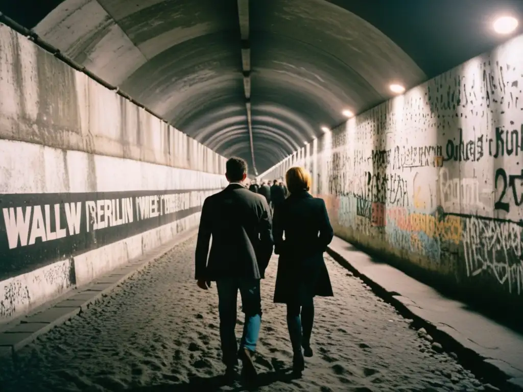 Túneles del Muro de Berlín: Grupo de personas camina en túnel sombrío y tenso bajo el muro, con grafitis en las paredes