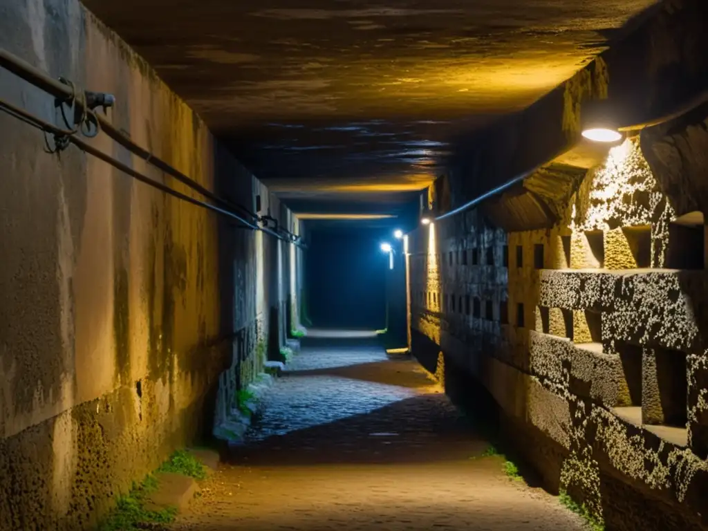 Explora los túneles ocultos de Nápoles historia mientras las sombras juegan en las antiguas paredes de piedra