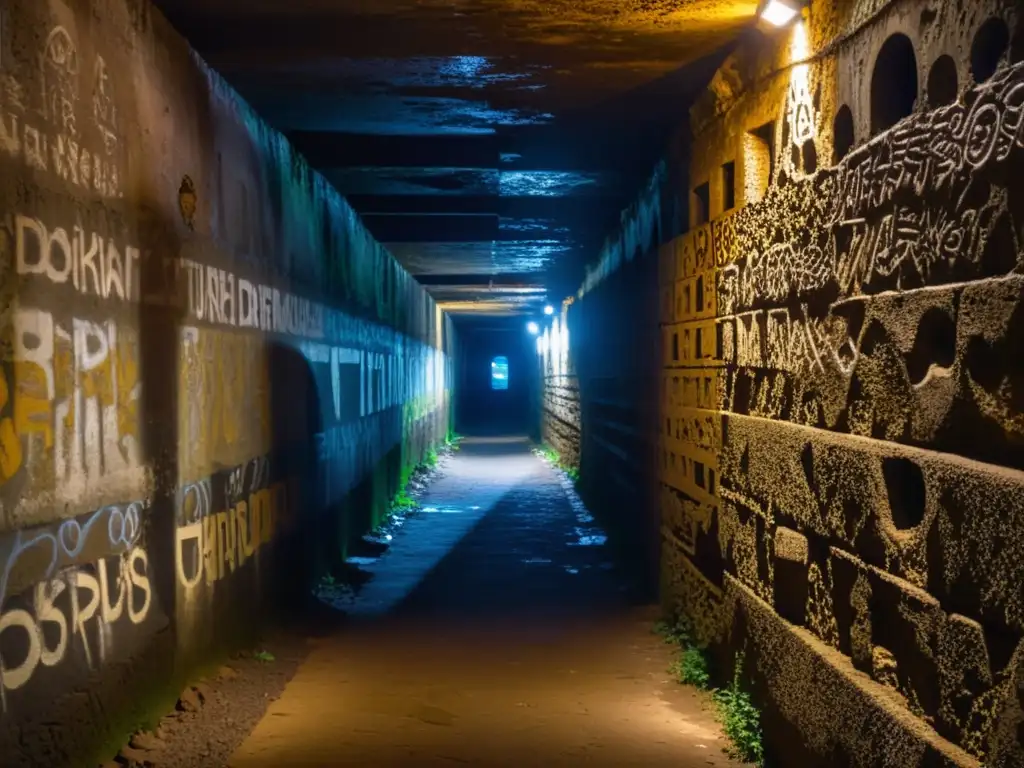 Túneles ocultos de Nápoles historia: Intrincados grafitis y sombras misteriosas en un túnel subterráneo iluminado tenue en Nápoles, Italia