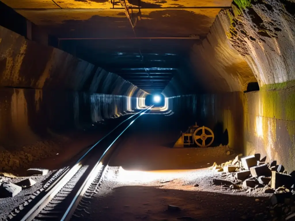 Explorando túneles oscuros de mina abandonada, con herramientas oxidadas dispersas en el suelo húmedo